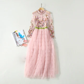 

HIGH QUALITY New Fashion 2020 Runway Dress Women's Elegant Bow Waist Pink Flowers Embroidery Cake Ruffles Mesh Formal Long Dress