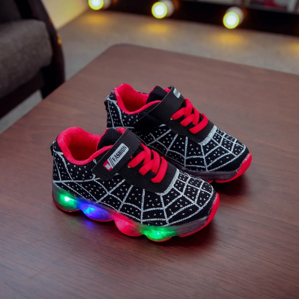 Cartoon spider web bright shoes Children Kids Baby Girls Boys fashion Cartoon LED Light Luminous Sport Sneakers Shoes#guahao