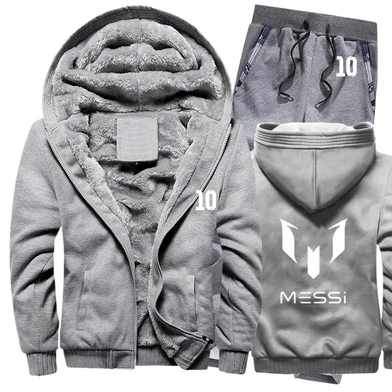 Winter Hoodies Men Messi 10 Print Mens Hoodies Suit Thicken Warm Fleece cotton Zipper Tracksuit Mens Jacket+Pants 2Pcs Sets - Цвет: 821