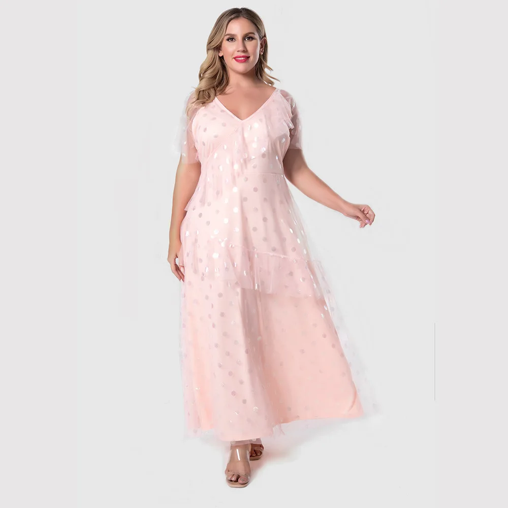 Women Polka Dot Ruffled Strap Sexy Sweet Pink Dress Fashion Robe Party Holiday Long Dress Female Loose Gown Vestidos Plus Size