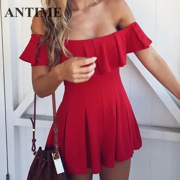 

ANTIME Spring Pretty Chic Rompers Summer Off Shoulder Short Sleeve Slash Neck Casual Elegant Ruffles Sexy Peated Red Playsuit
