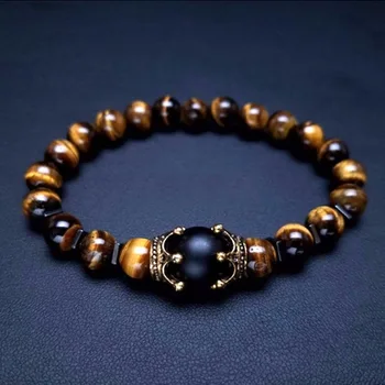 Luxury Crown Natural Tiger Eye Stone Bead Bracelets  Men's Antique Charm Bracelet Jewelry Gift