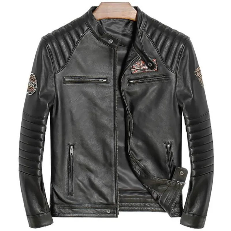 

2018 Men's Genuine Leather Jacket Men Jackets and Coats Motorcycle Pleated Male Autumn Winter Solid Black Color Slim Fit Jackets