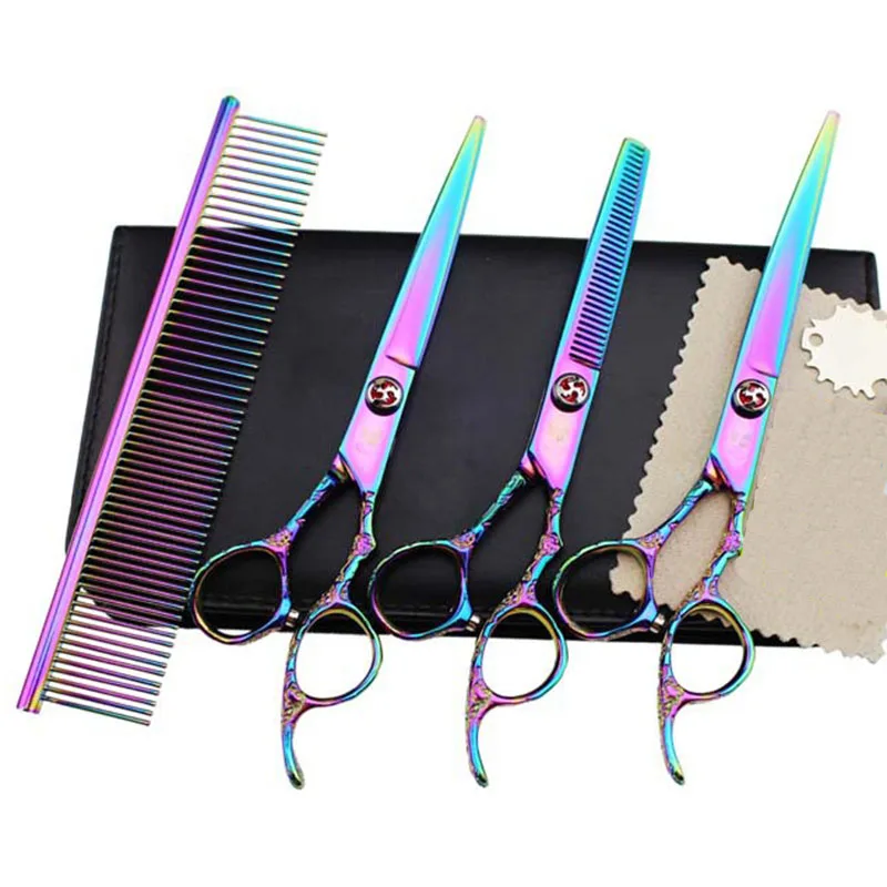 

7inch Plum Handle Straight Scissor Thinning Scissor Up Curved Scissor Set Pet Grooming Hair Cut Shear Scissor Set High Quaity