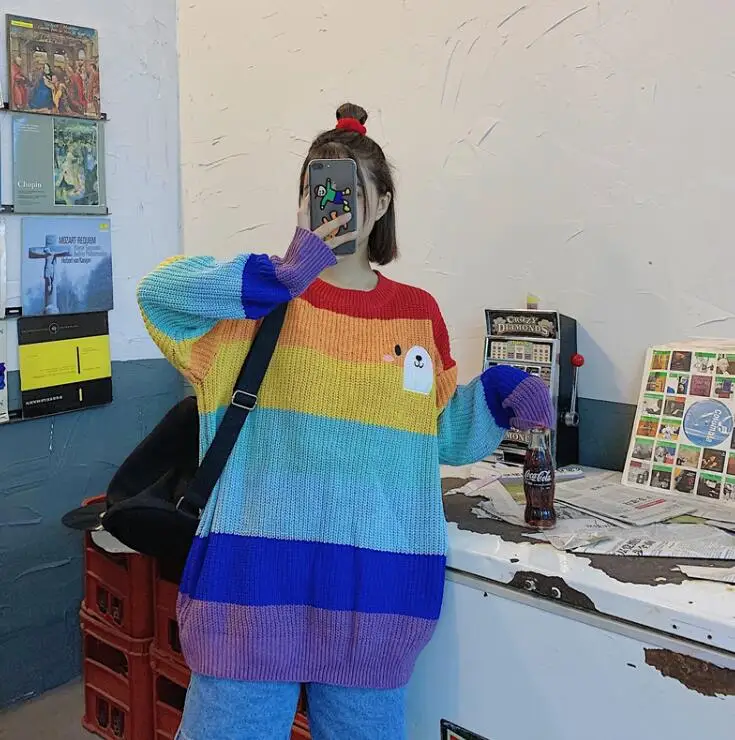New cute bear expression embroidery vitality rainbow striped round neck knitted sweater | Женская одежда