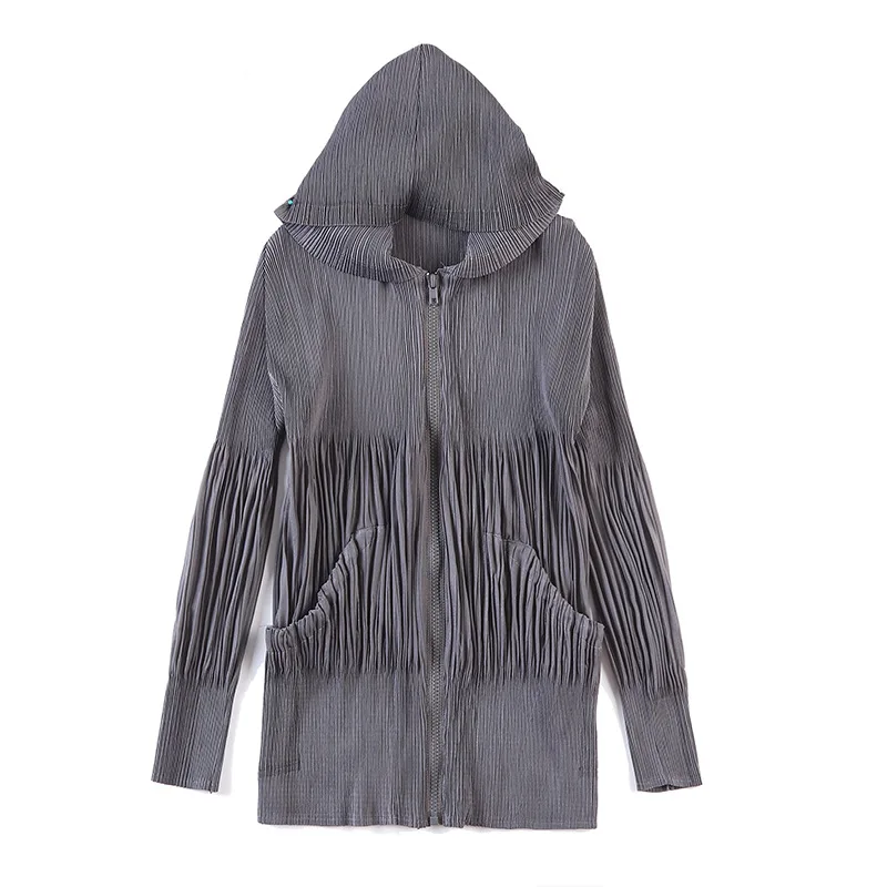 Плиссированная куртка, пожалуйста, Miyake, на молнии, свободное классическое короткое пальто, новинка, однотонный воротник, длинный рукав, карман, шляпа, куртка для женщин