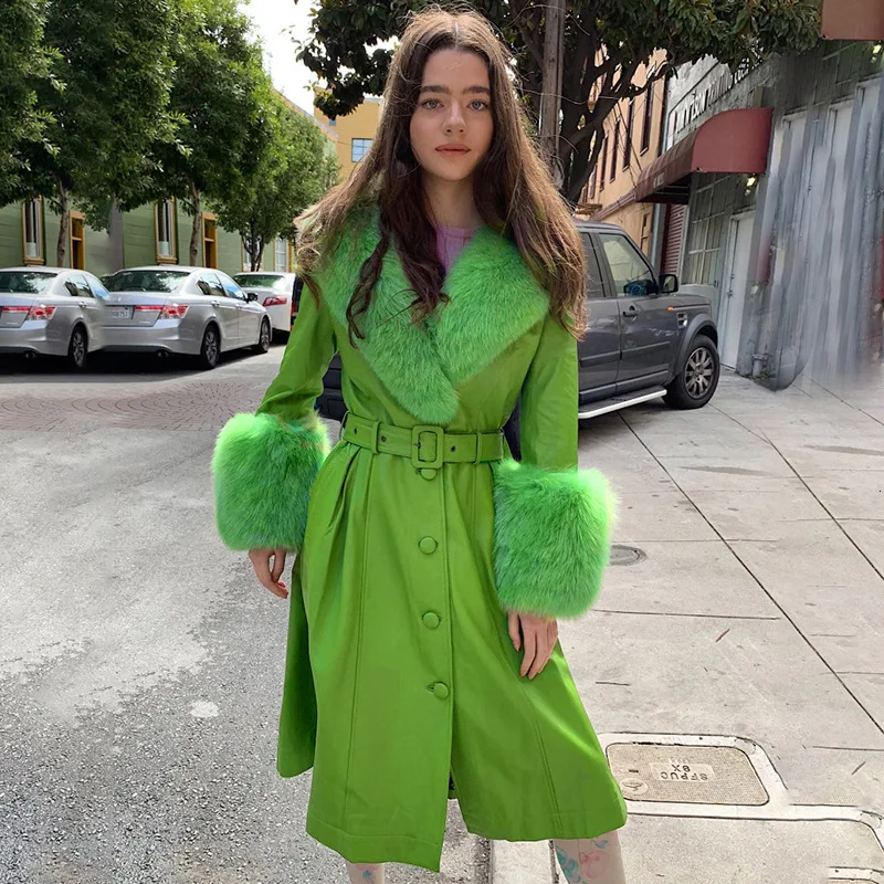 DEAT Autumn Winter Green Fur Turn Down Collar Slim PU Long Overcoat Women Leather Coat With Belt MH138