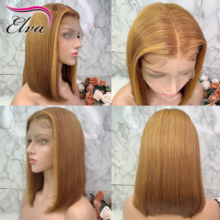 Buy Elva Hair Ombre 13x6 Lace Front Human Hair Wigs Straight 3T Blonde Highlights Color Extra Pro.Ratio 150% Remy Short Bob Wig