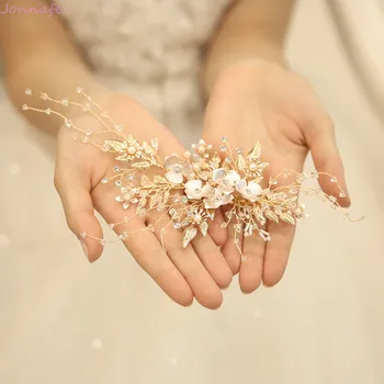 

Handmade Bridal Hair Clip Gold Leaf Headpiece Floral Wedding Jewelry Crystal Women Prom Hair Ornament Combs