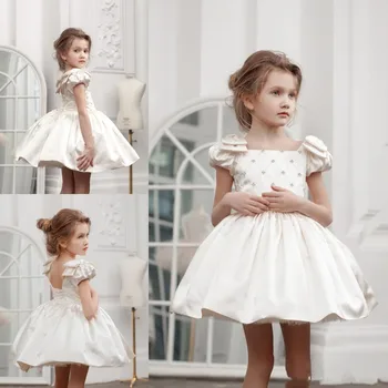 

Elegant Princess Dress Knee Length Satin Flower Girl Dress with Bows Beading Lace Up Back Any Size And Any Color Robe De Fiesta