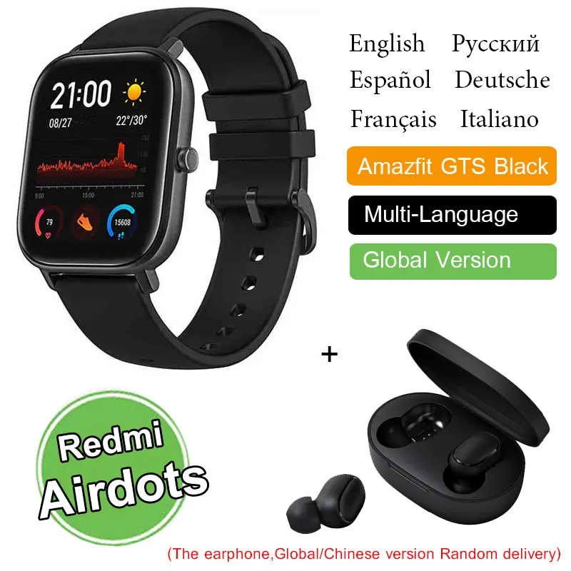 Huami Amazfit GTS глобальная версия Смарт-часы 5ATM водонепроницаемый Пульс 14 дней батарея gps управление музыкой как Apple Watch Xiaomi - Цвет: BlackAddredmiAirDots