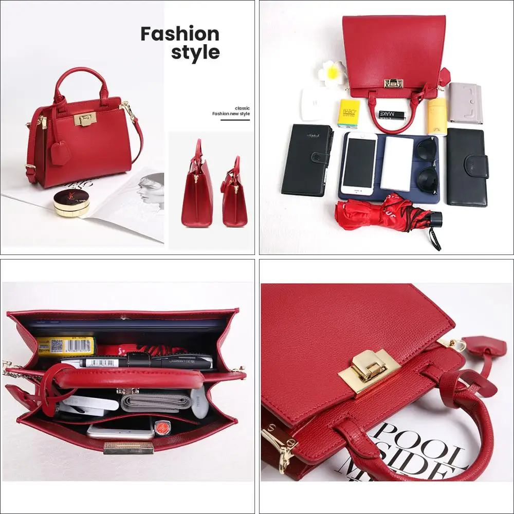 Fashon Women Totes Cow Genuine Leather Handbag Ladies Shoulder Memssage Bag Red