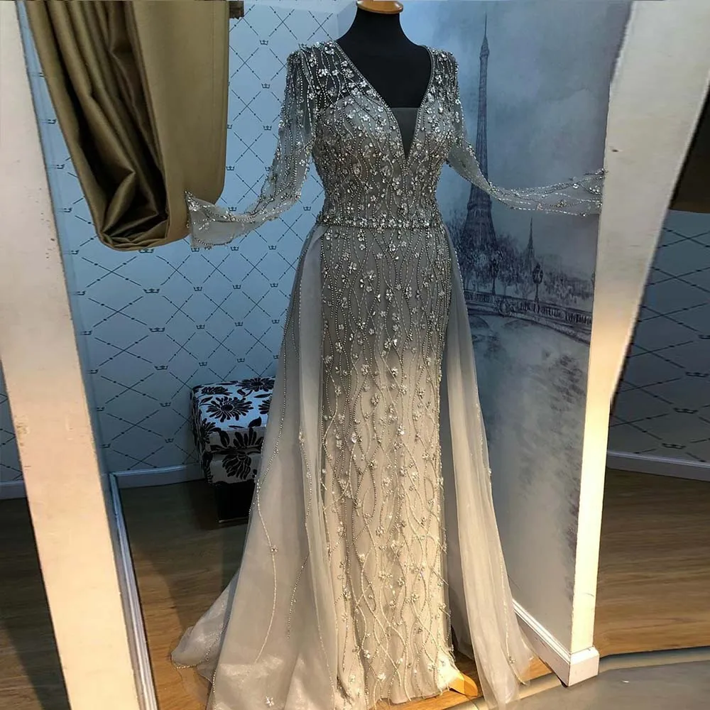 New-Arrival-Silver-Evening-Dresses-Elegant-V-Neck-Long-Sleeve-Tulle-Crystal-Beads-Formal-Dress-Party (2)