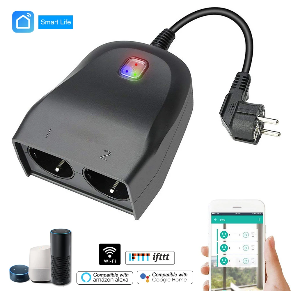 

Smart WiFi Socket 1 In 2 Out Wireless Switch Outdoor Weatherproof Smart EU Plug iOS Android APP Remote Control Timing Function