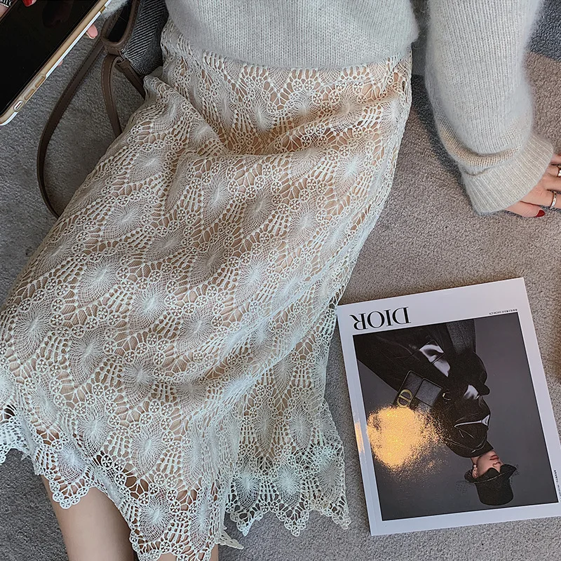 

2020 Japan Lotte New Style Delicacy Reversible Hollow out Lace Knit Mid-length Skirt