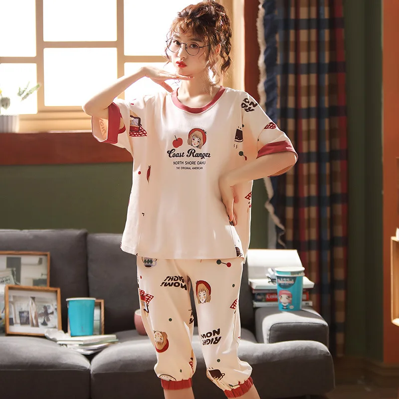 

Ultra-Large Size Pajamas Women's Spring And Summer Capri Pants Short Sleeve Set Pure Cotton Thin Large Size Fat Mm 200 Korean Tr