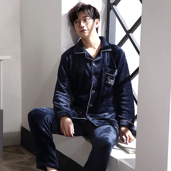 

Coral Fleece Winter Pajamas Men 2 Pieces Lounge Sleepwear Set for Male Pijama Bedgown Home Clothes PJ Grey Warm Thicken Pajamas