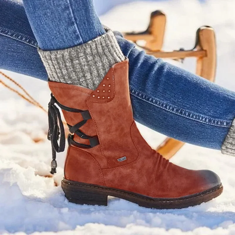 Oeak/новые женские ботинки модные осенние ботинки до середины икры из PU искусственной кожи со шнуровкой сзади однотонная обувь на низком каблуке Женская обувь - Цвет: Red