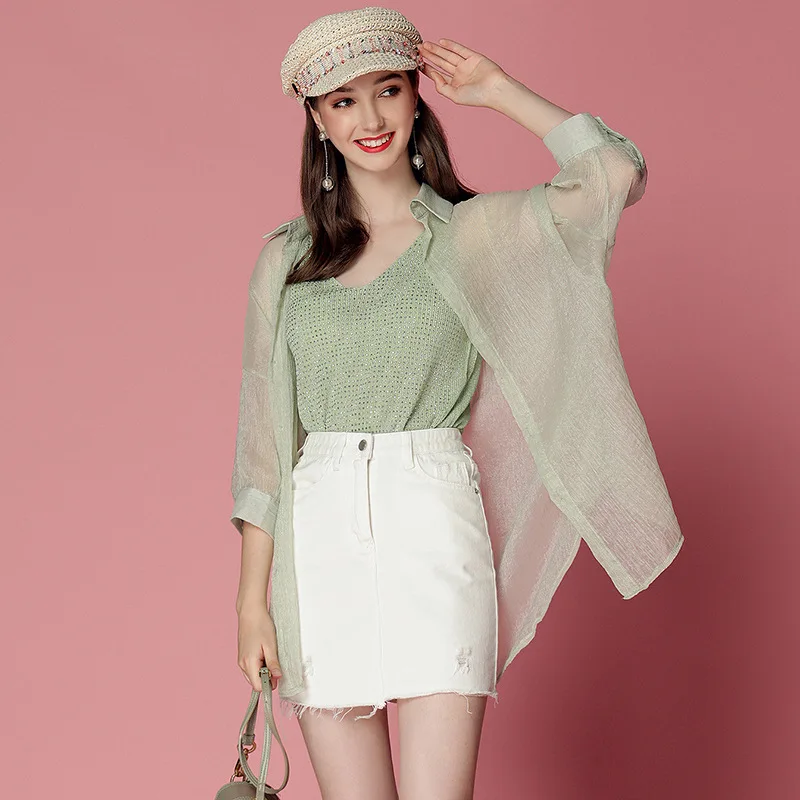 

Short-height by Age Women's 2019 Summer Avocado Matcha Green Tops Shirt Camisole Denim Skirt Set Ozhouzhan