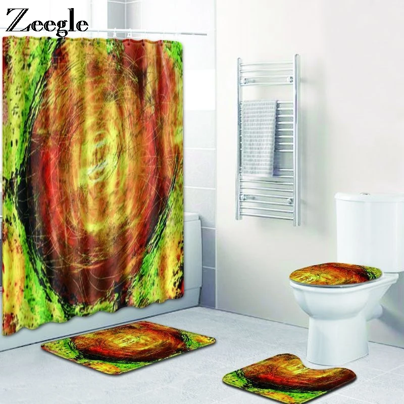 Zeegle Shower Curtain and Bath Mat Set Anti Slip Toilet Pedestal Rug Bathroom Carpets Absorbent Foot Mat Washable Toilet Rug Set