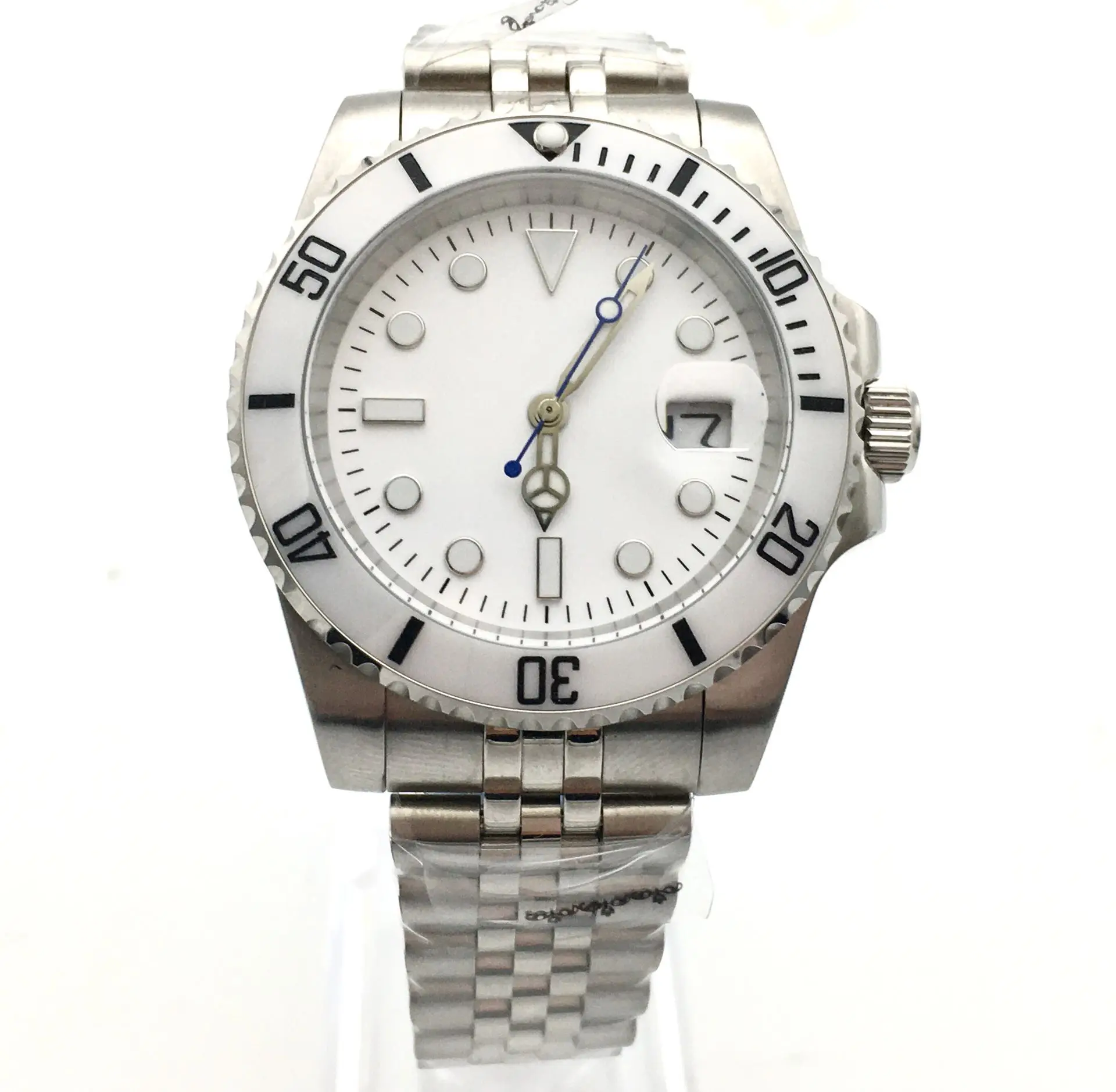 40MM White Dial Date Luminous Automatic Watch Men's Watch Ceramic Bezel Mechanical Clock Silver Jubilee Strap jubilee