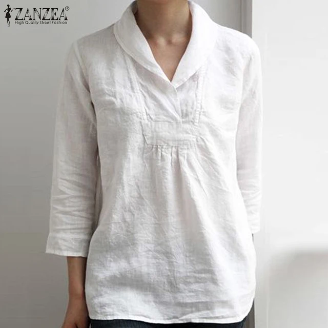 US $12.10 ZANZEA Elegant Women Lapel Neck Cotton Linen Shirt Summer 3/4 Sleeve Tunic Tops Casual Ladies V Nec