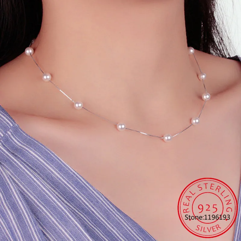 925 Sterling Silver Jewelry 12 Pcs 6mm Pearl Box Chain Choker Necklace Kolye Collares Bijoux Femme S-n54 silver necklace