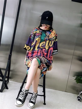 

Harajuku Fashion Lettered Short Sleeve T-shirt Punk Mid-length Large Size Dress 3D Pattern Handsome Cool Tops