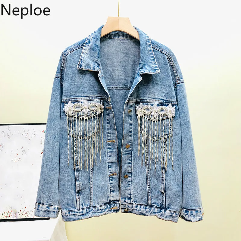 

Neploe Diamonds Tassel Jeans Jacket Women Causal Single Breasted Cowboy 2019 Autumn Heavy Fashion Long Sleeve Demin Coat 54069