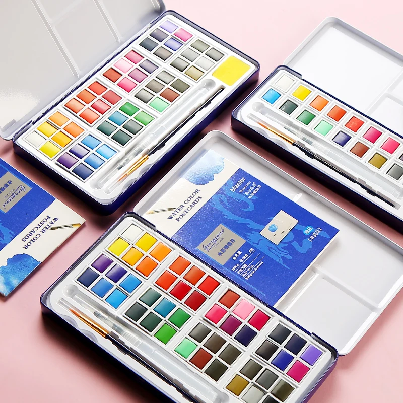 Günstige 18 24 36 48 farben Wasser Feste Farbe Malen Set Metall Eisen Box Aquarell Malerei Pigment Tasche set Für Zeichnung Kunst Liefert