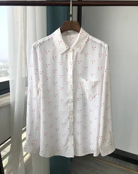 

Red Stars Printed Silk Women Shirt Long-sleeved With Pocket Female Office Wear Ladies Blouse Shirts Top