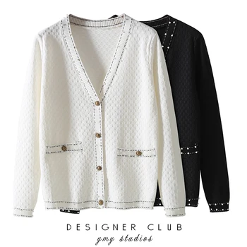 

Runway Designer Elegant Pearls Beading Cardigan Female 2019 Spring Autumn V-neck Long Sleeve Knitted Sweater Women White Black