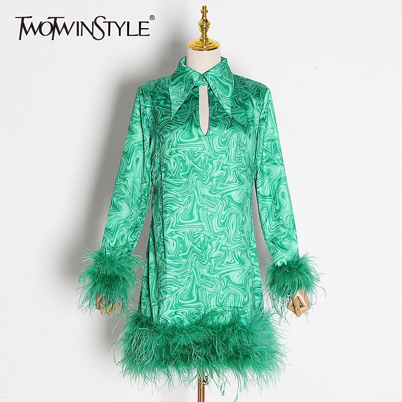 

TWOTWINSTYLE Print Patchwork Feathers Dresses for Female Lapel Collar Long Sleeve Tassel Mini Autumn Women's Dress 2020 Fashion