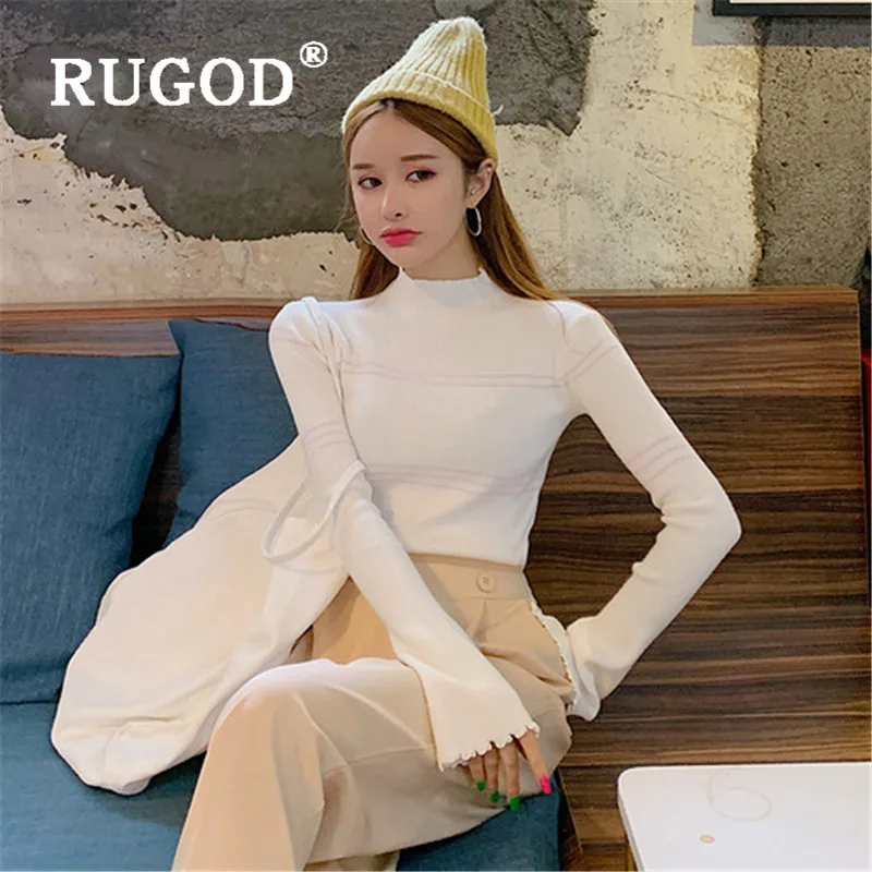 RUGOD, корейский стиль, стиль, водолазка с рукавами-колокольчиками, вязаный свитер в полоску, элегантный пуловер, облегающий зимний Топ для женщин, Kpop ткань