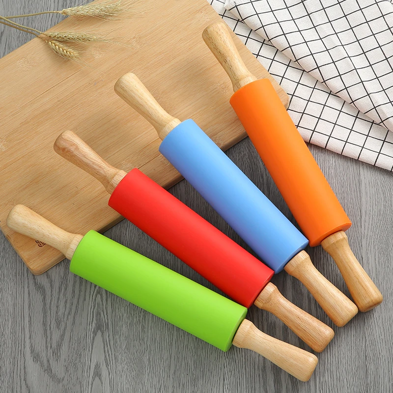 Silicone Rolling Pin Kitchen Pastry Tools Kitchen Wooden Handle Baking Non-stick