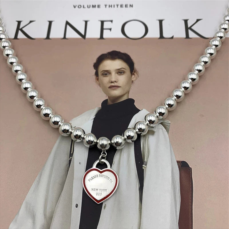 

SHINETUNG S925 sterling silver red heart pendant 8mm round bead necklace 1: 1 high-end women's jewelry with logo.