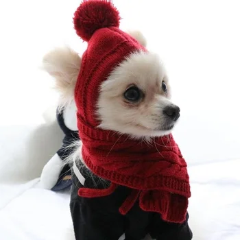 Hat for Dogs Winter Warm Stripes Knitted Hat+Scarf Collar Puppy Teddy Costume Christmas Clothes Santa Dog Costume 3
