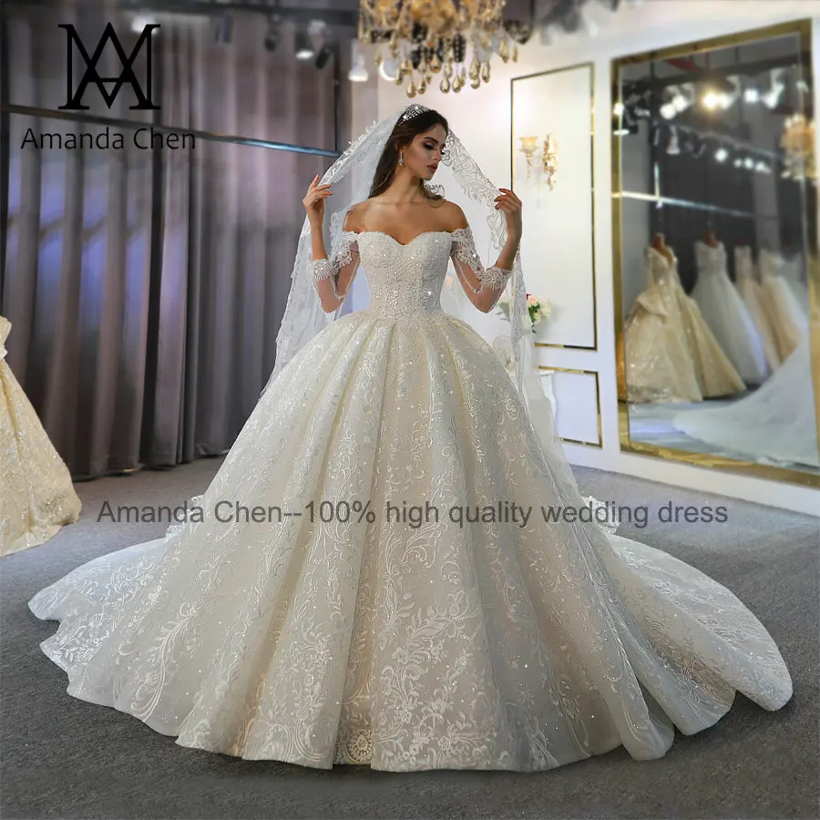 Abendkleid с открытыми плечами с длинным рукавом Кружева свадебное платье