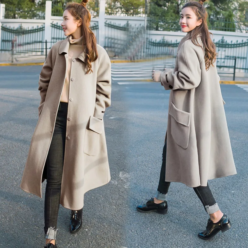 

Mid-length Slimming Slim Fit Woolen Jacket Solid Color Long Sleeve Pocket 2019 Winter Simple Versatile