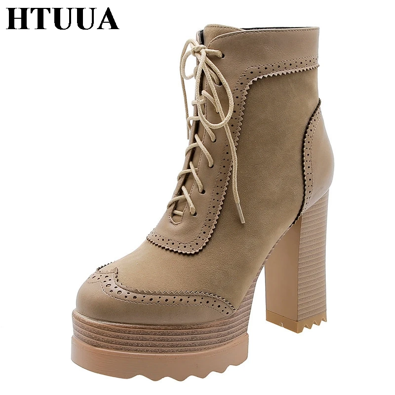 

HTUUA Vintage Plush Winter Boots Women Side Zipper Lace-Up Square High Heels Ladies Shoes 11CM Heel Short Ankle Boots SX3331