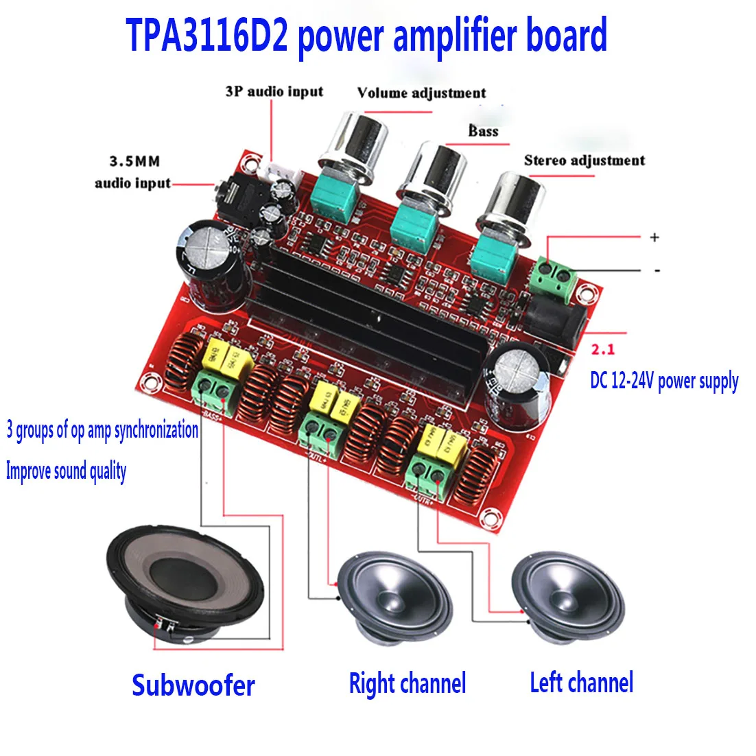 

TPA3116 2.1 Digital Audio Amplifier Board XH-HM139 TPA3116D2 Subwoofer Speaker Power Amplifiers DC12V-24V 2*50W Subwoofer 100W