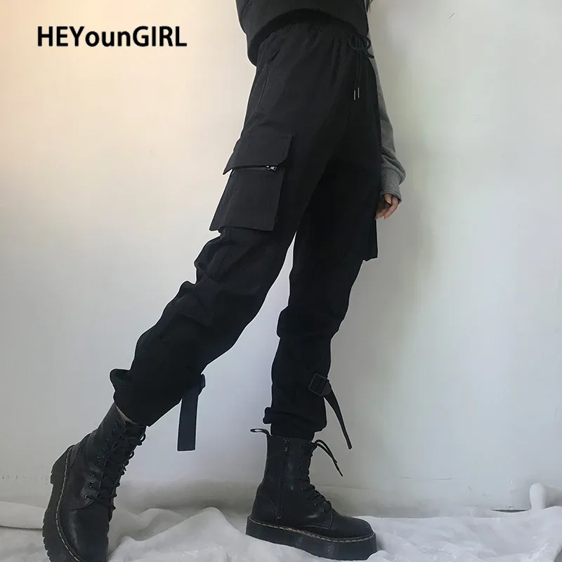 HEYounGIRL Casual Black Cargo Pants Women High Waist Trousers Ladies Korean Pockets Harem Pants Capris Drawstring Streetwear