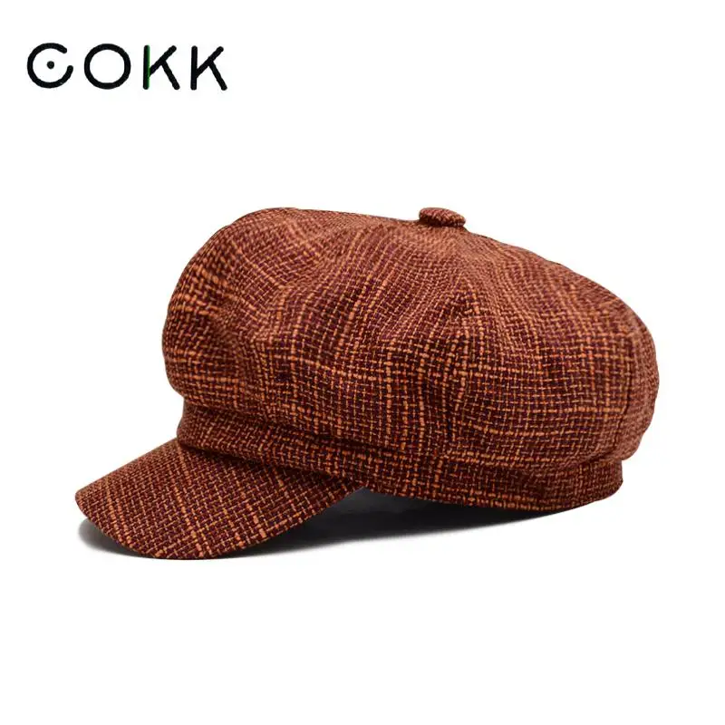 Newsboy Cap Octagonal Hat Plaid Beret Women Autumn Winter Fashion Vintage