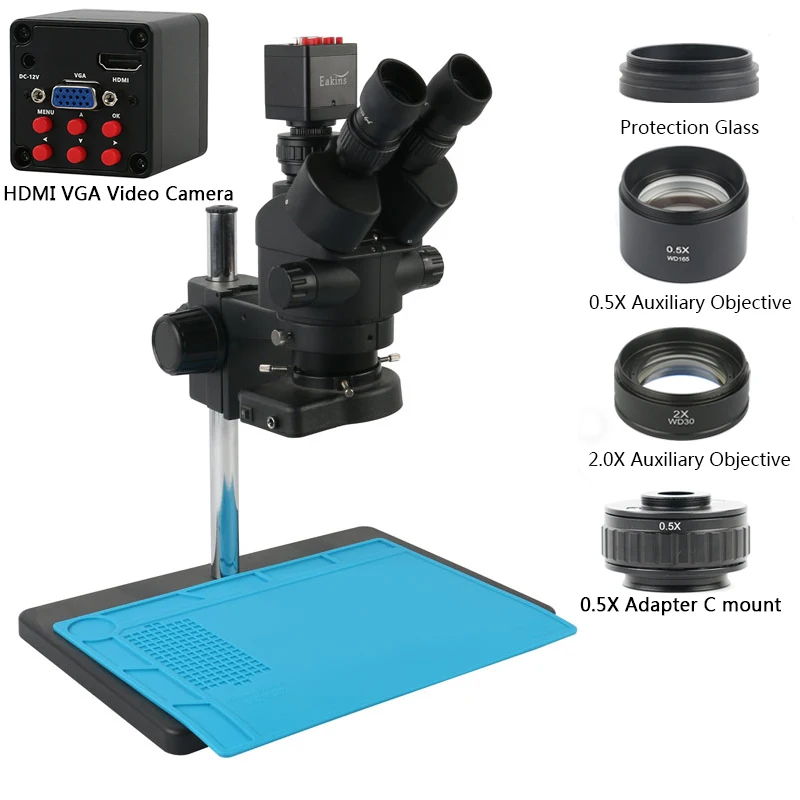 Промышленный 3.5X 7X 45X 90X Simul-focal Тринокулярный Стерео микроскоп 1080P VGA HDMI видеокамера для телефона PCB пайки ремонт - Цвет: B