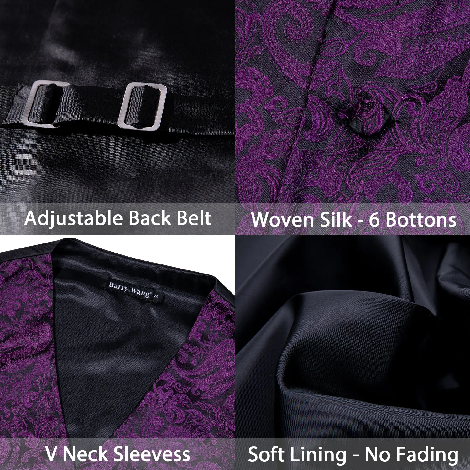 Mens Silk Vest Party Wedding Purple Paisley Solid Floral Waistcoat Vest Pocket Square Tie 4PC Slim Suit Set Barry.Wang BM-mens suit dress vests