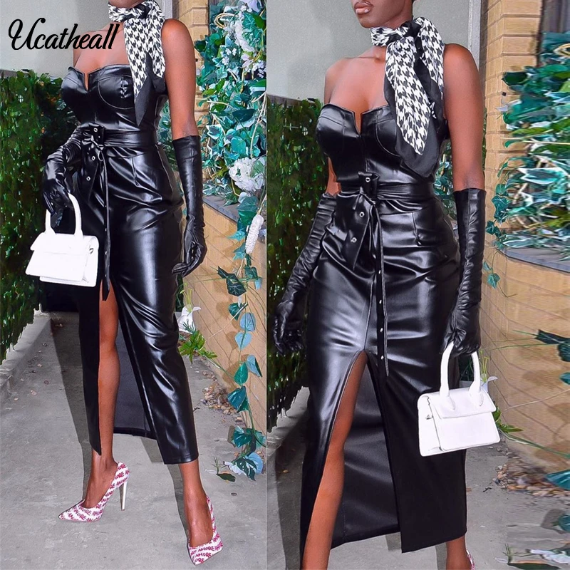 Платье из искусственной кожи с открытыми плечами женское черное облегающее