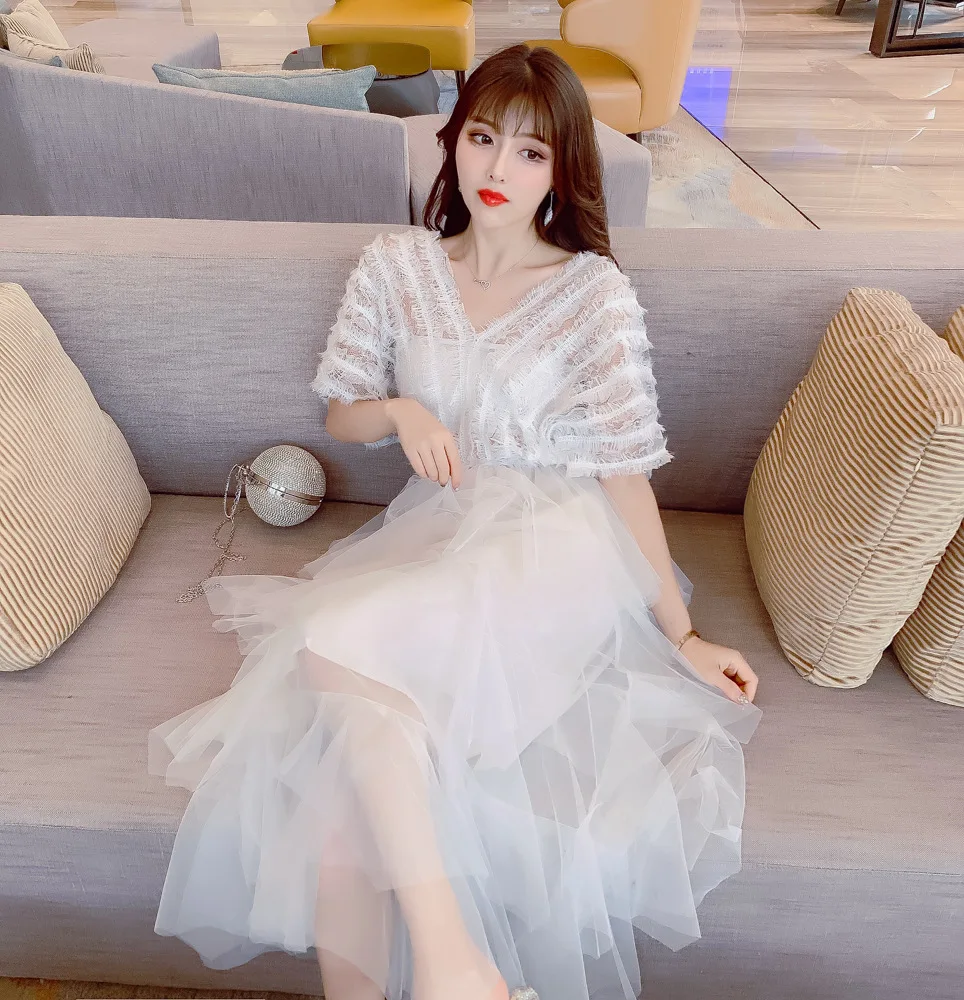 

Immortal Elegant Western Style Skirt 2019 Summer New Style Gauze Joint Cake Dress Goddess V-neck Slimming Even