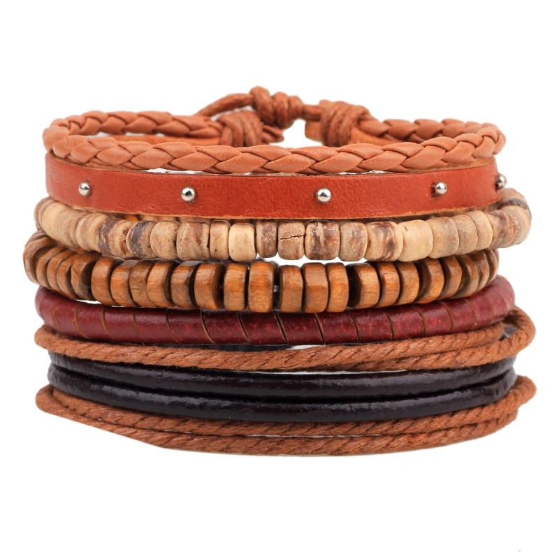 1 комплект Многослойный кожаный браслет мужские ювелирные изделия Boho Рок Браслеты из дерева для женщин винтажные браслеты и браслеты - Окраска металла: R