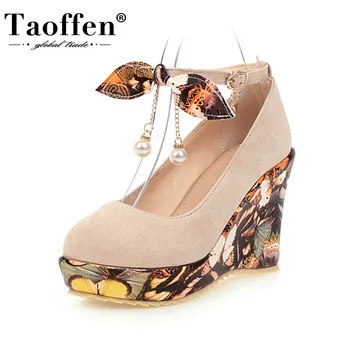 

Taoffen Women Pumps Shoes Fashion Bowknot Metal Buckle Pearls Shoes Women Stylish Platform Heels Casual Footwear Size 34-43