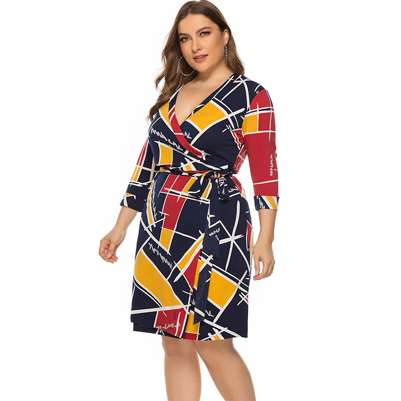 EaseHut женское платье большого размера с v-образным вырезом и рукавами 3/4 контрастный цветной блок с принтом однотонное платье с поясом Элегантное повседневное платье